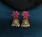 Antique Gold Flower Cutwork Ruby Magenta Dual Row Necklace Set for Women - Matte Finish
