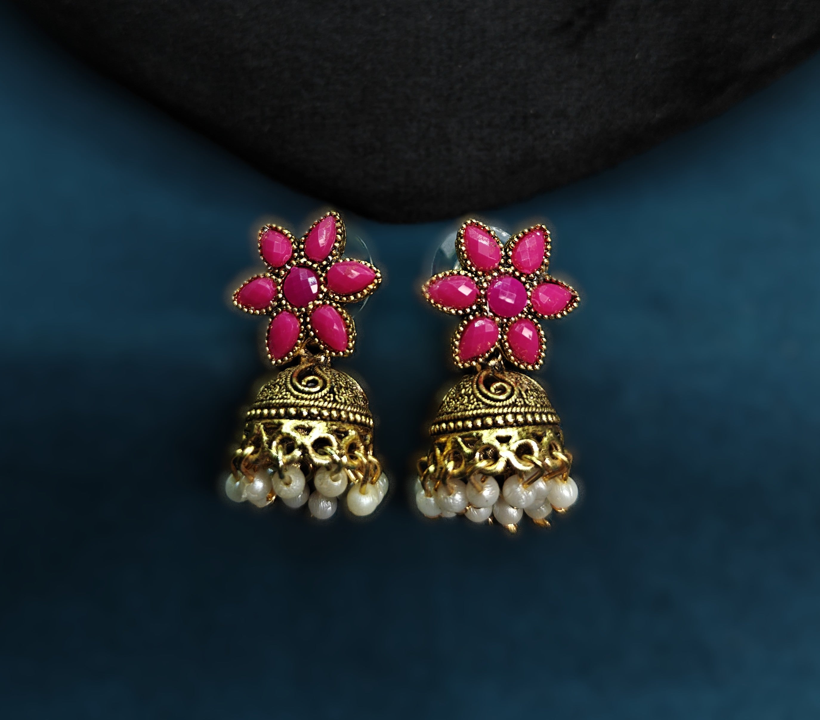 Antique Gold Flower Cutwork Ruby Magenta Dual Row Necklace Set for Women - Matte Finish