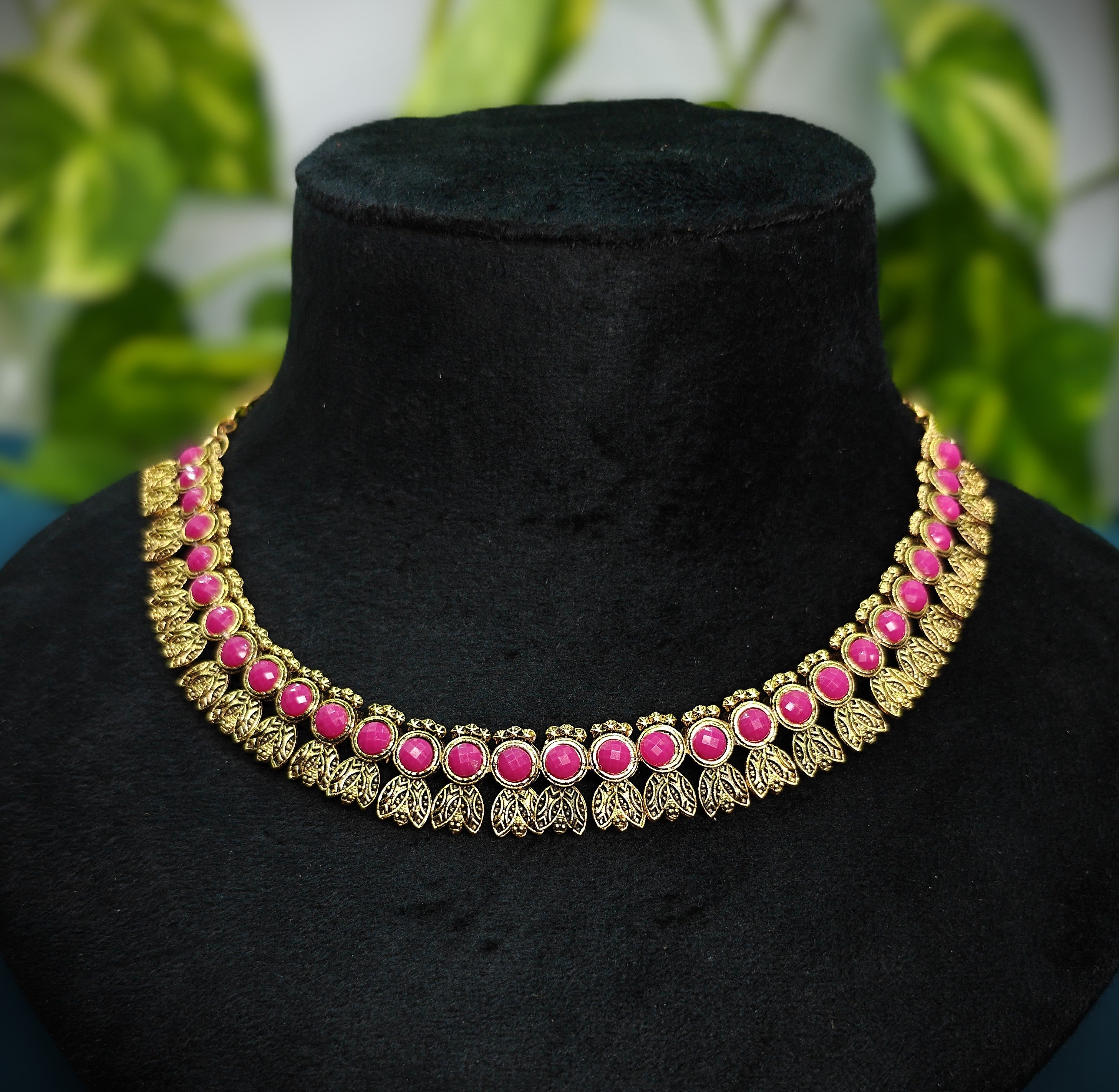 Antique Gold Flower Cutwork Ruby Magenta Dual Row Necklace Set for Women - Matte Finish