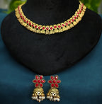 Antique Gold Flower Cutwork Ruby Maroon Dual Row Necklace Set for Women - Matte Finish