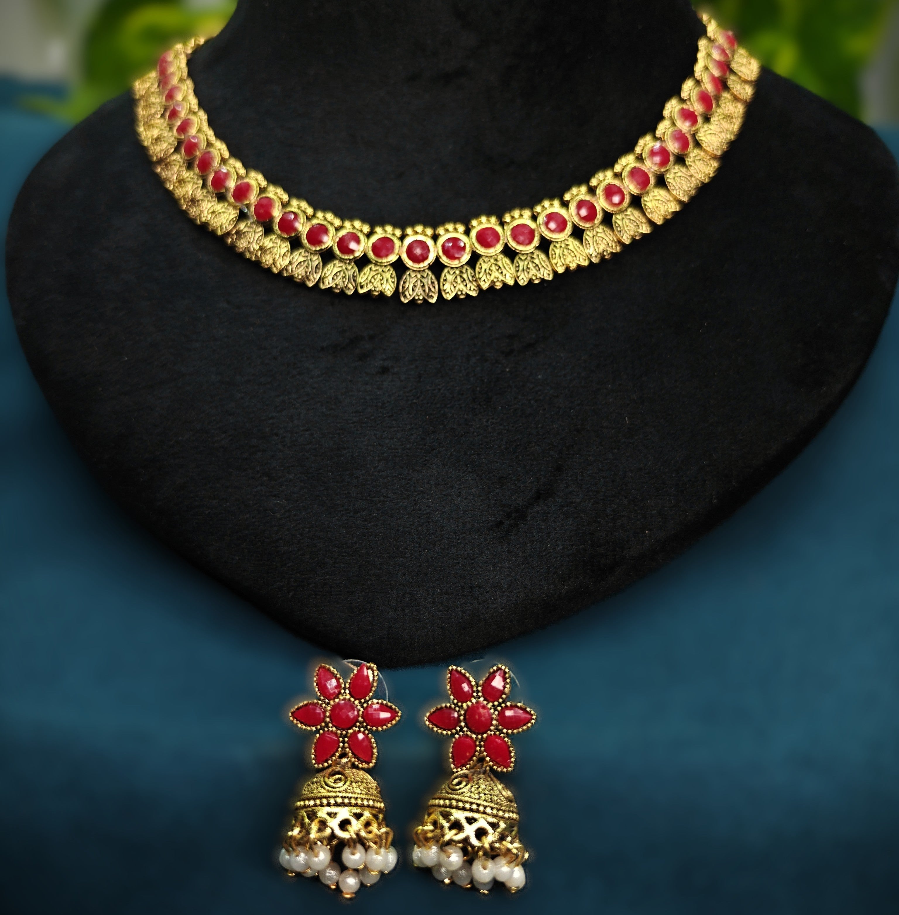 Antique Gold Flower Cutwork Ruby Maroon Dual Row Necklace Set for Women - Matte Finish