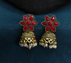 Antique Gold Flower Cutwork Ruby Maroon Dual Row Necklace Set for Women - Matte Finish