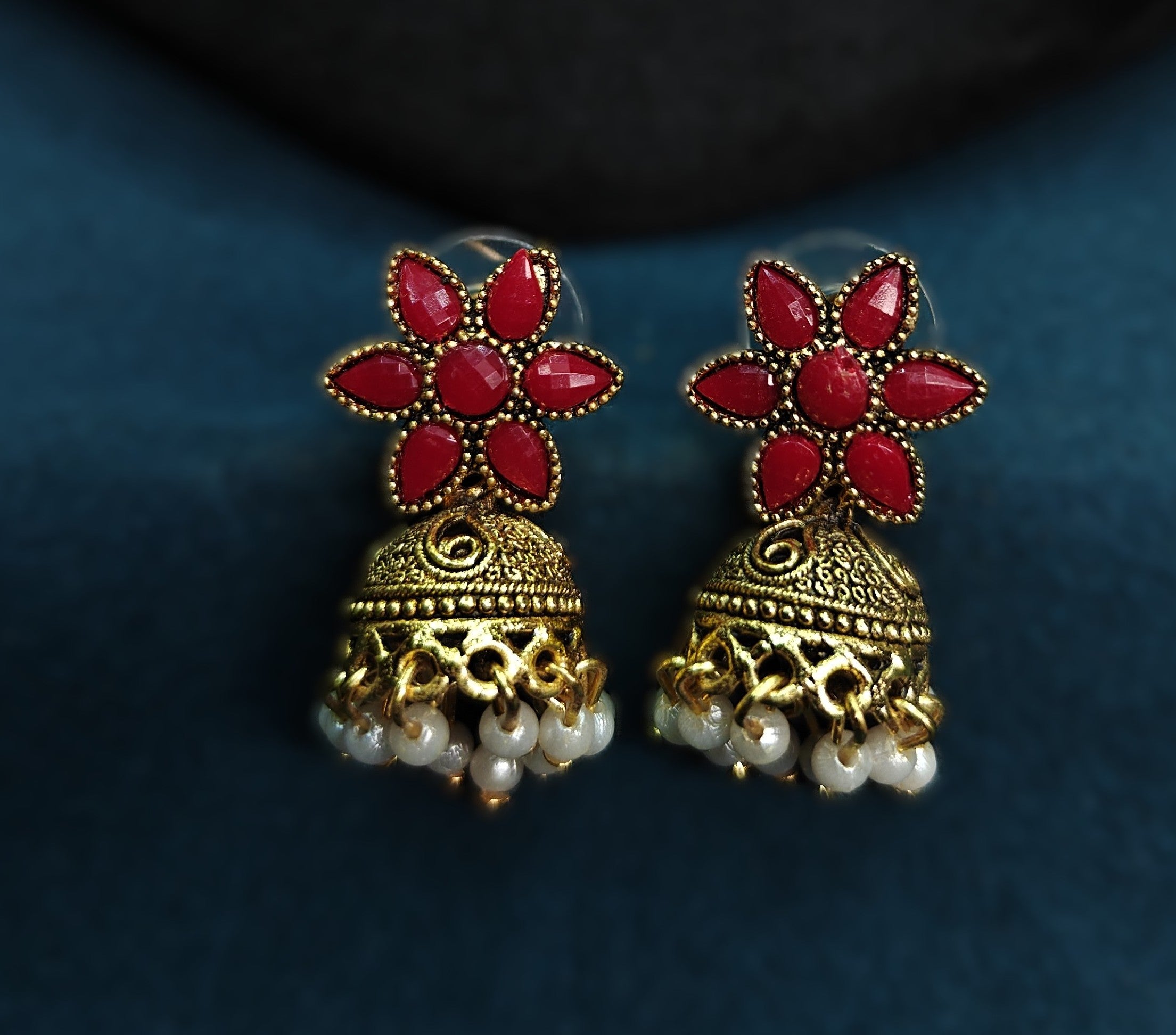 Antique Gold Flower Cutwork Ruby Maroon Dual Row Necklace Set for Women - Matte Finish