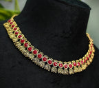 Antique Gold Flower Cutwork Ruby Maroon Dual Row Necklace Set for Women - Matte Finish