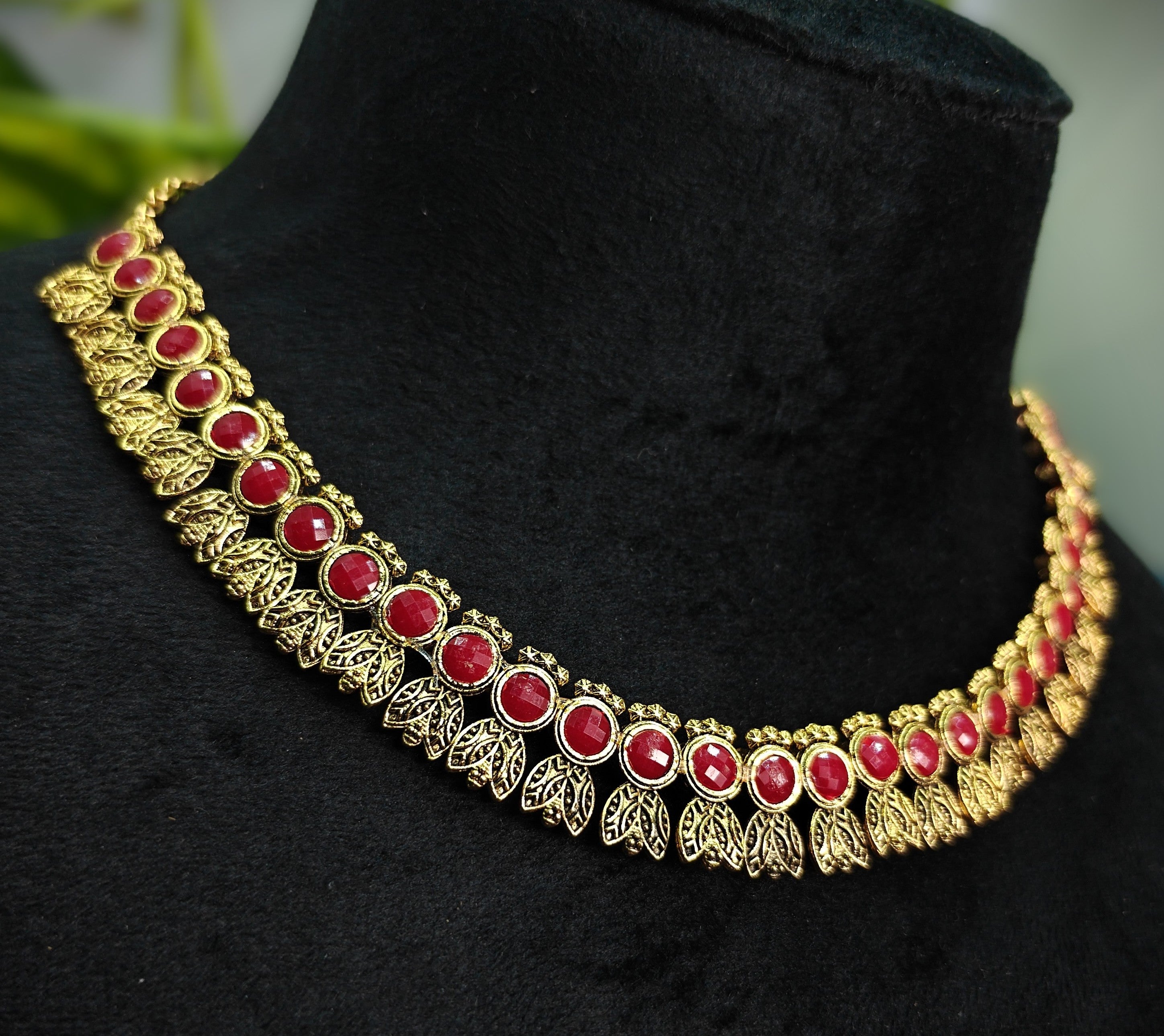 Antique Gold Flower Cutwork Ruby Maroon Dual Row Necklace Set for Women - Matte Finish