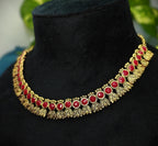 Antique Gold Flower Cutwork Ruby Maroon Dual Row Necklace Set for Women - Matte Finish
