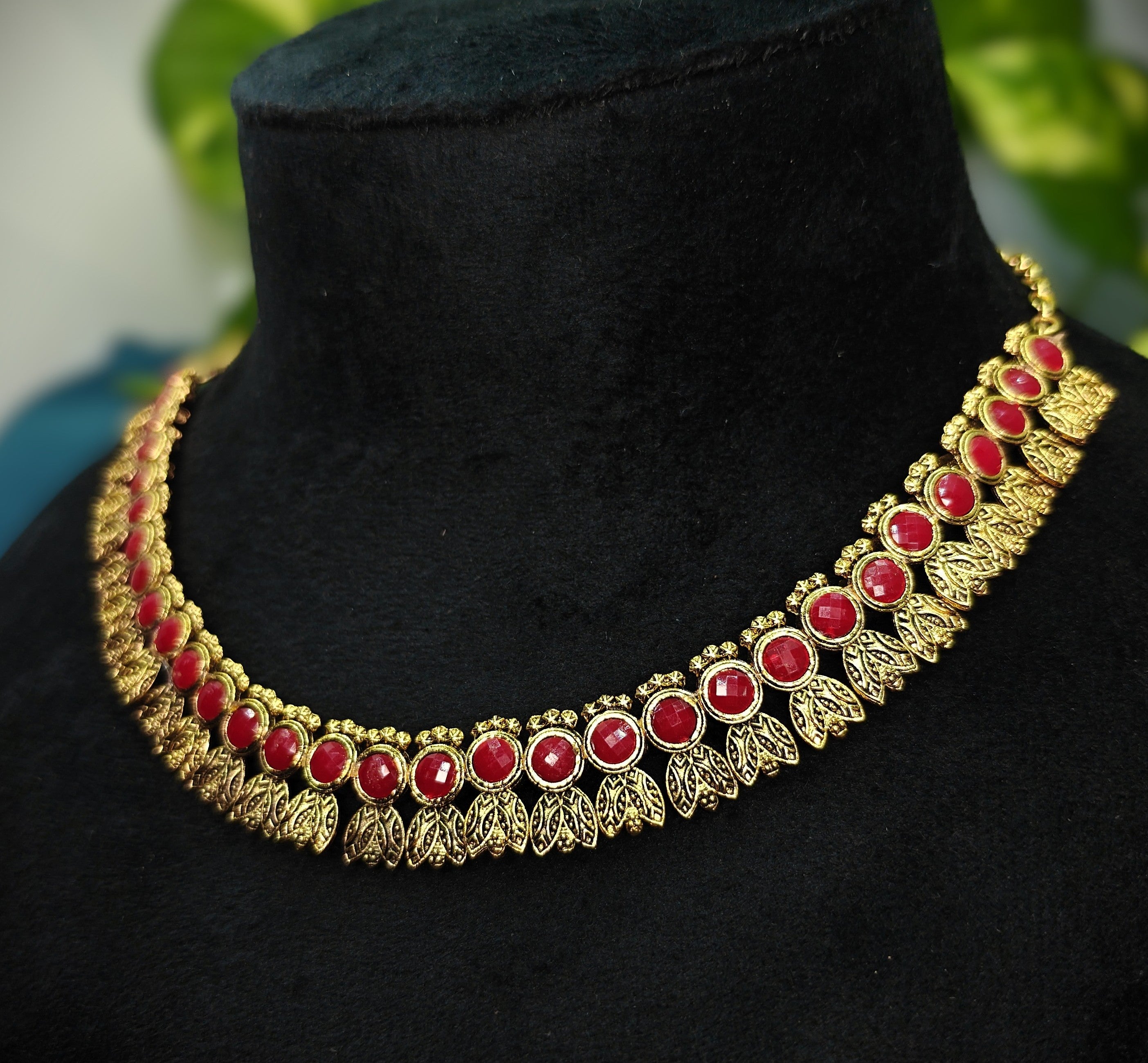 Antique Gold Flower Cutwork Ruby Maroon Dual Row Necklace Set for Women - Matte Finish