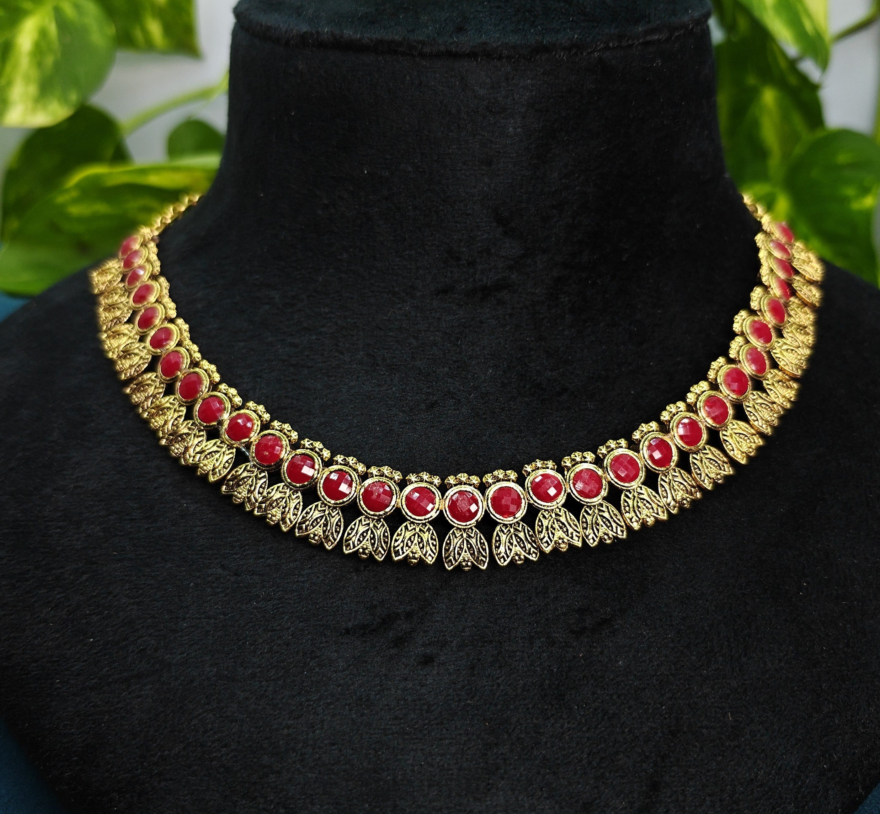 Antique Gold Flower Cutwork Ruby Maroon Dual Row Necklace Set for Women - Matte Finish