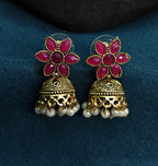 Antique Gold Flower Cutwork Ruby Red Dual Row Necklace Set for Women - Matte Finish