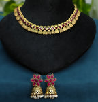Antique Gold Flower Cutwork Ruby Red Dual Row Necklace Set for Women - Matte Finish