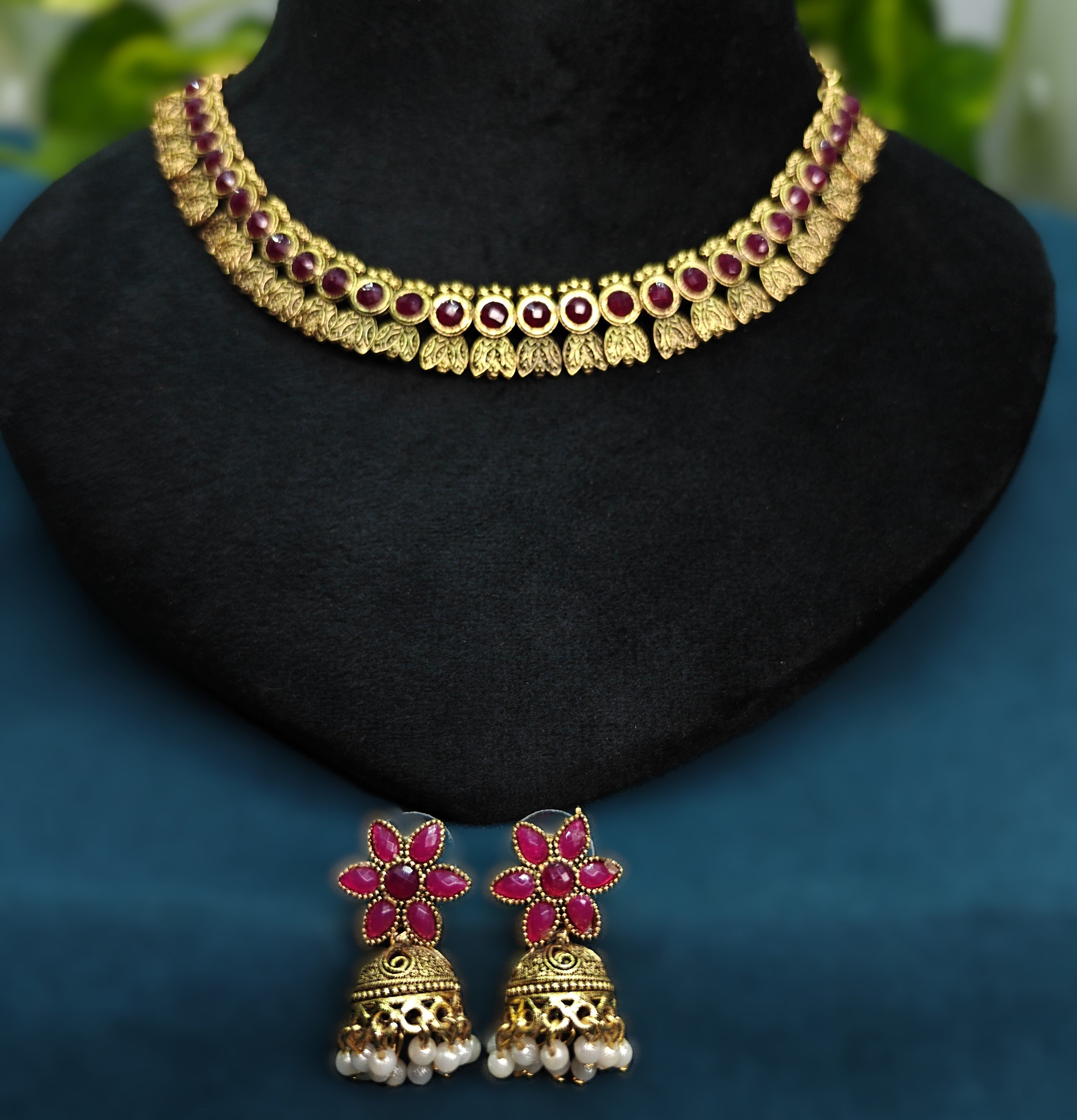 Antique Gold Flower Cutwork Ruby Red Dual Row Necklace Set for Women - Matte Finish