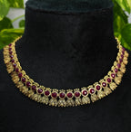 Antique Gold Flower Cutwork Ruby Red Dual Row Necklace Set for Women - Matte Finish