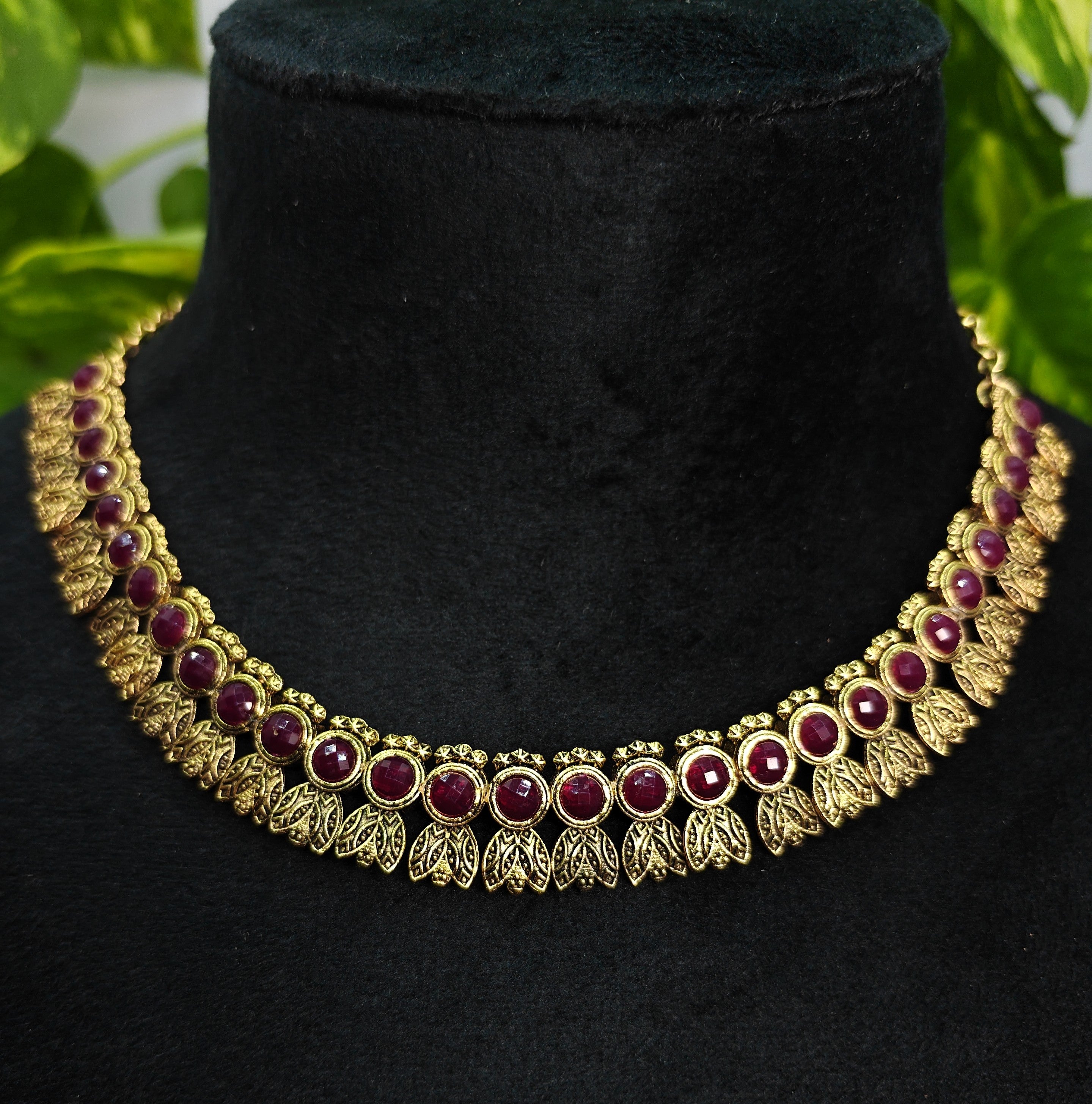Antique Gold Flower Cutwork Ruby Red Dual Row Necklace Set for Women - Matte Finish