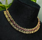 Antique Gold Flower Cutwork Ruby Red Dual Row Necklace Set for Women - Matte Finish