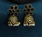 Antique Gold Flower Cutwork Black Kemp Dual Row Necklace Set for Women - Matte Finish