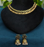 Antique Gold Flower Cutwork Black Kemp Dual Row Necklace Set for Women - Matte Finish