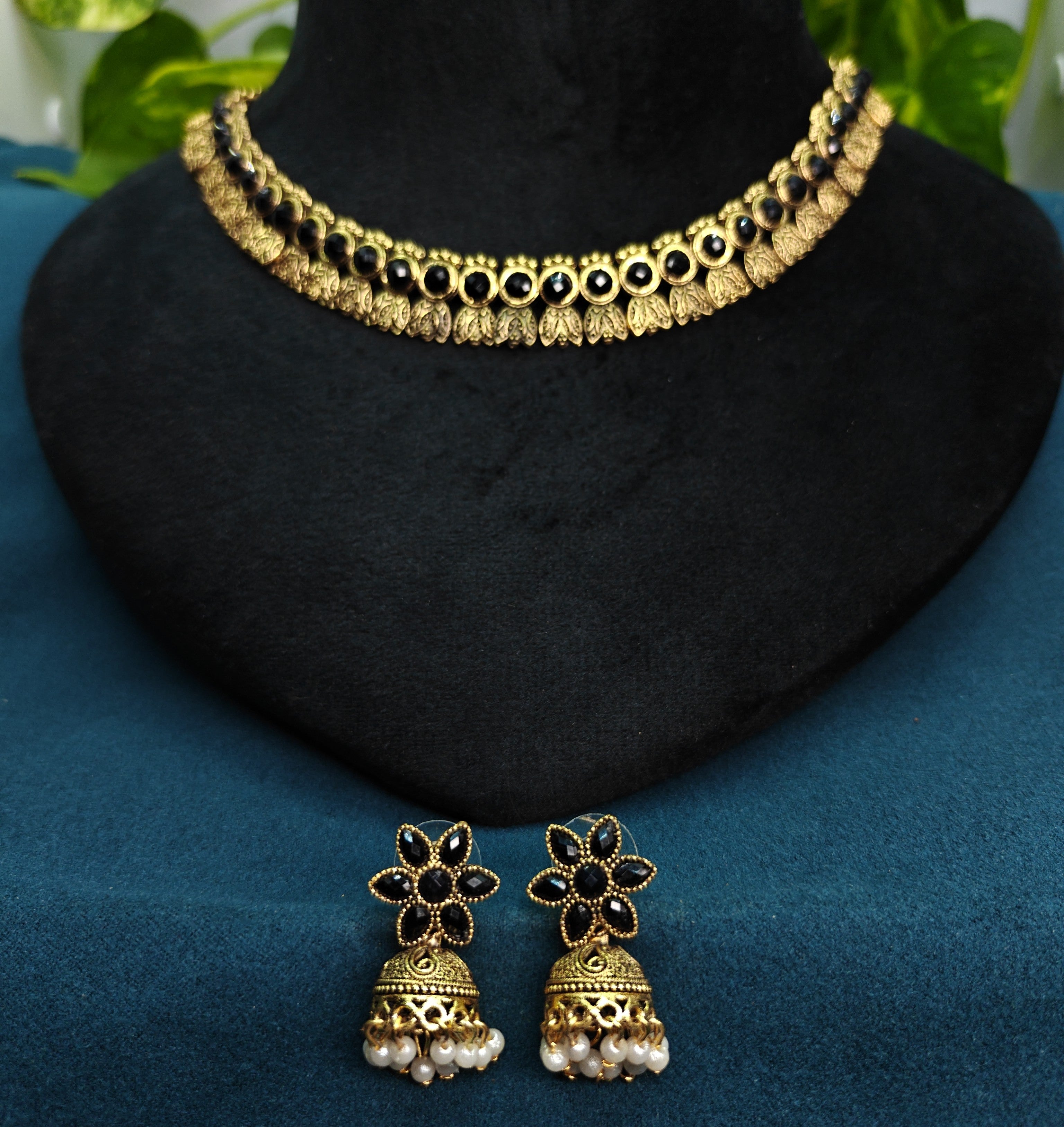 Antique Gold Flower Cutwork Black Kemp Dual Row Necklace Set for Women - Matte Finish