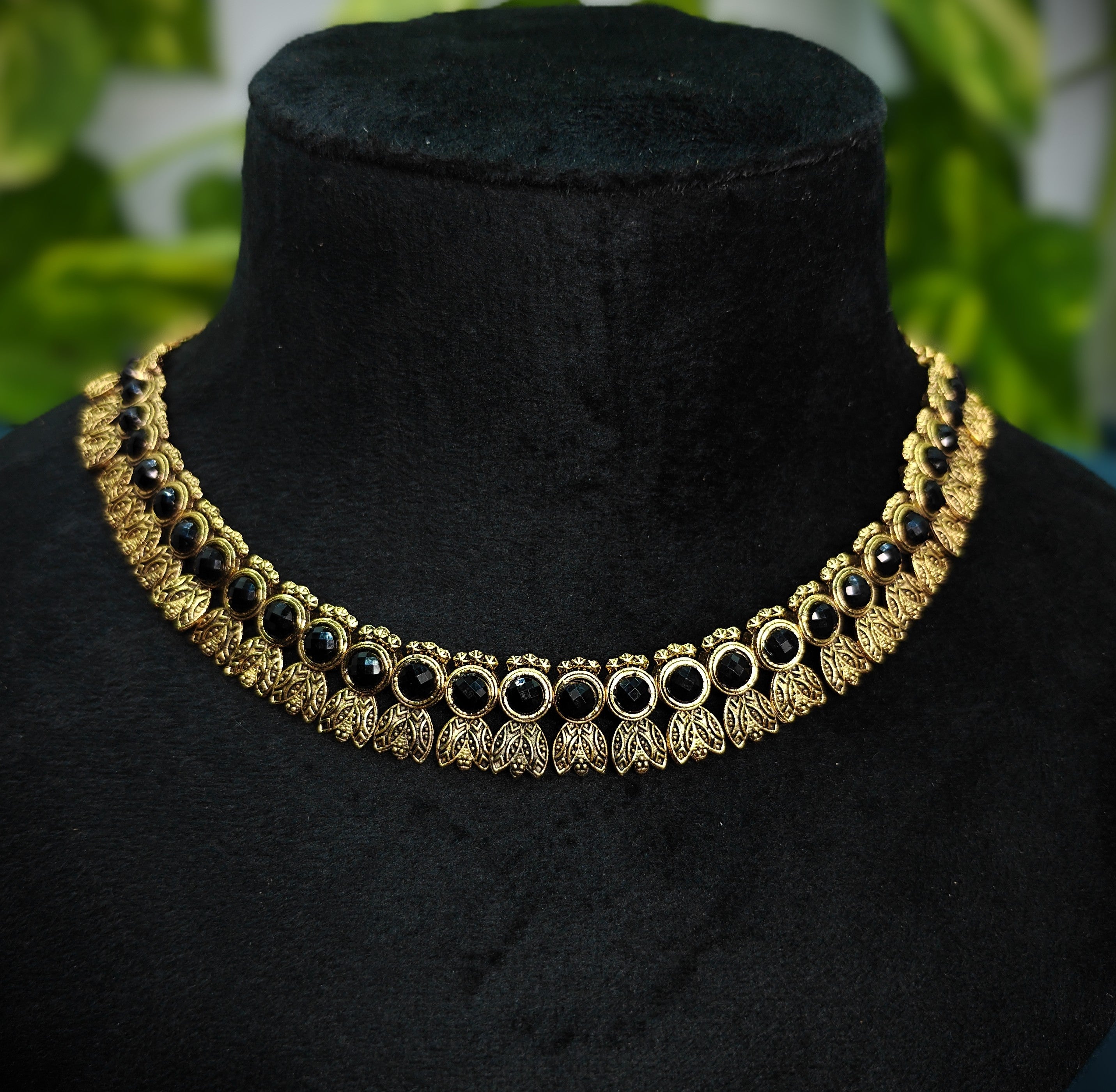Antique Gold Flower Cutwork Black Kemp Dual Row Necklace Set for Women - Matte Finish