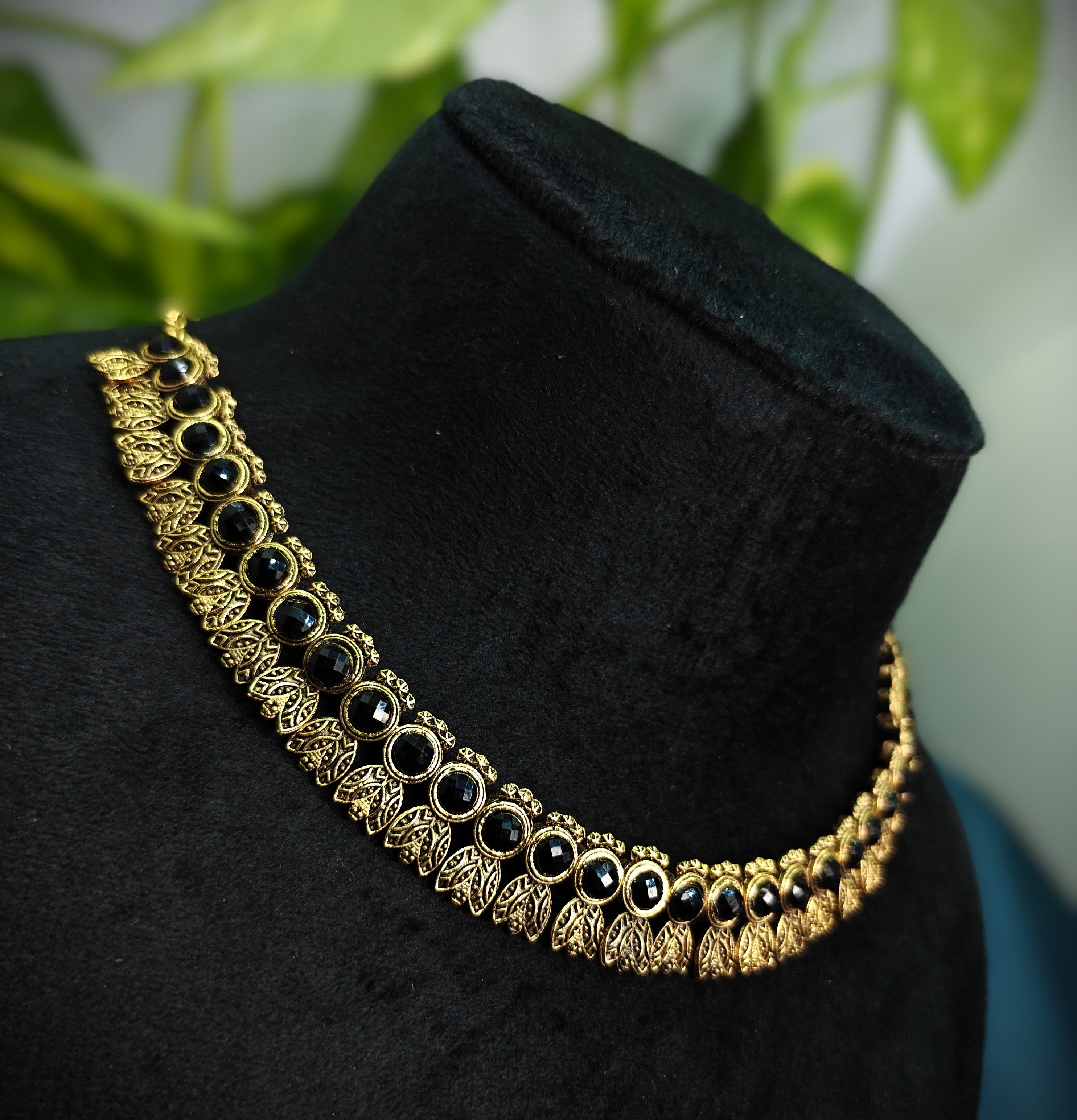 Antique Gold Flower Cutwork Black Kemp Dual Row Necklace Set for Women - Matte Finish