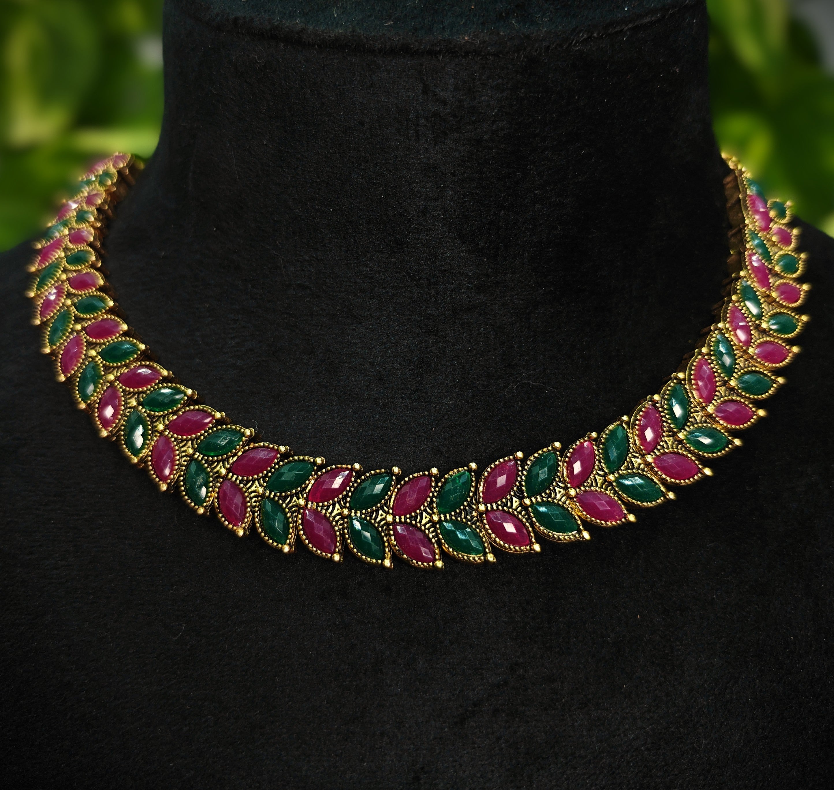 Antique Gold Ruby Emerald Leaf Necklace Set for Women - Matte Finish