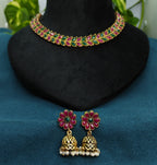 Antique Gold Ruby Emerald Leaf Necklace Set for Women - Matte Finish