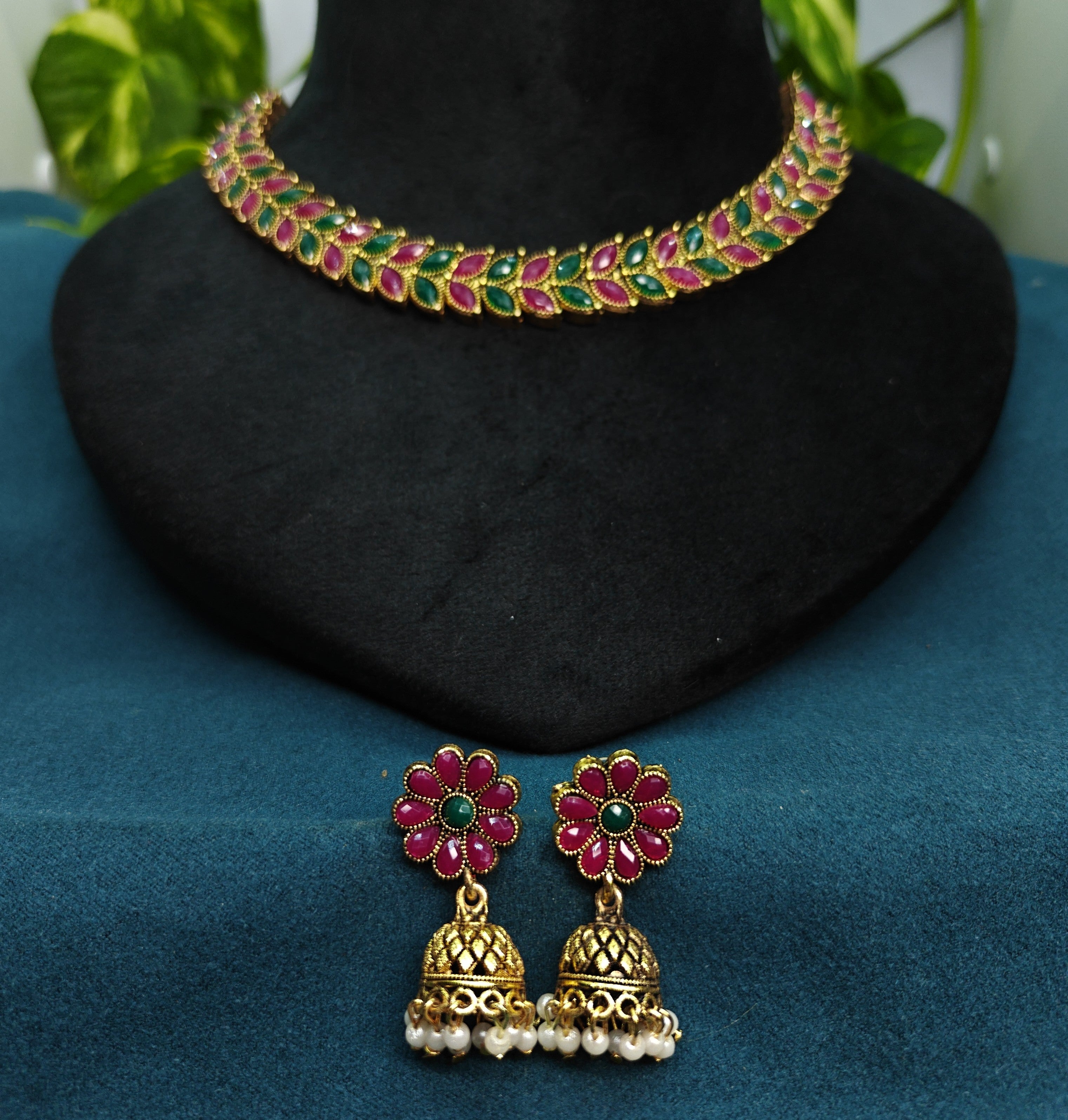 Antique Gold Ruby Emerald Leaf Necklace Set for Women - Matte Finish