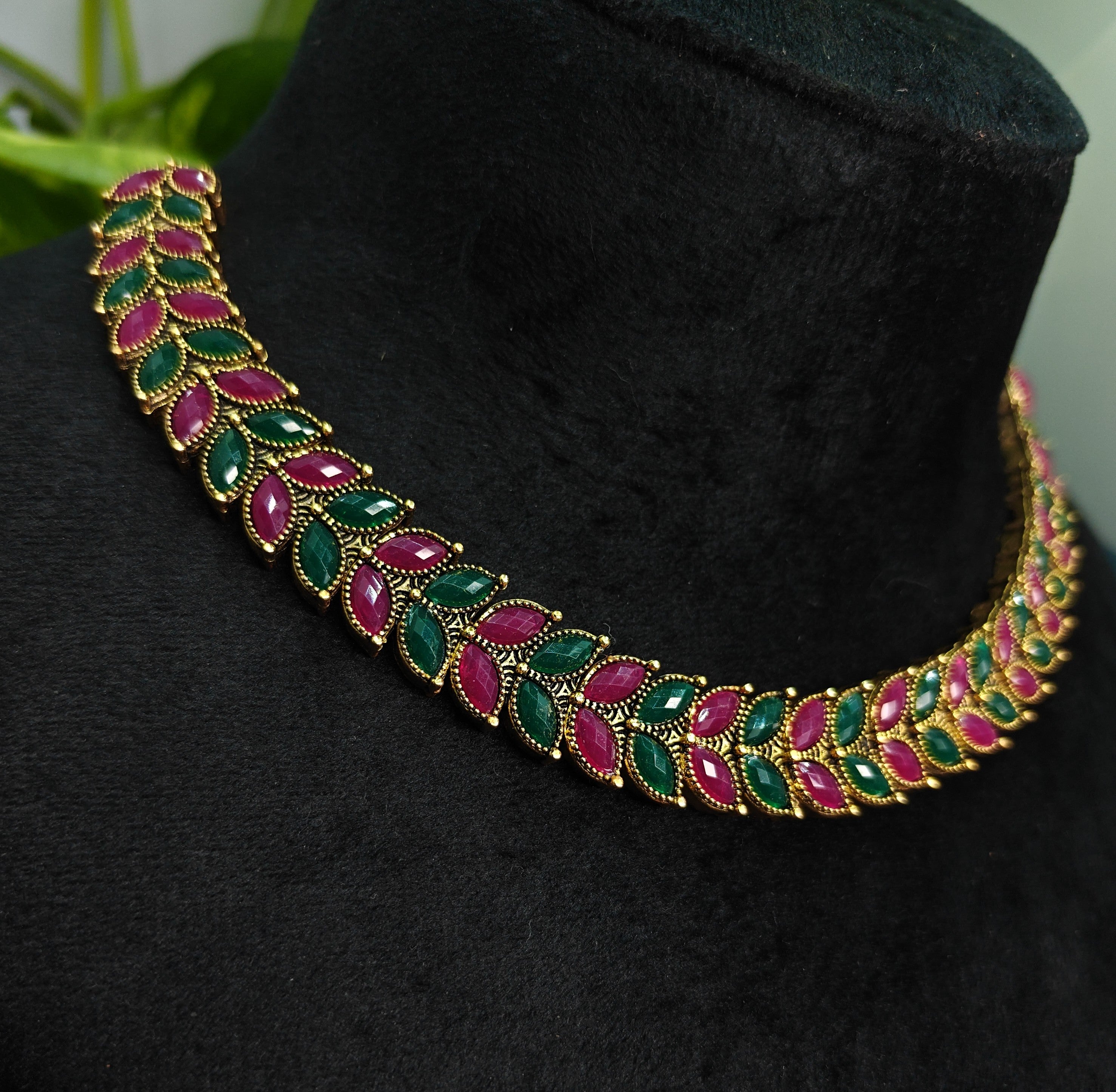 Antique Gold Ruby Emerald Leaf Necklace Set for Women - Matte Finish