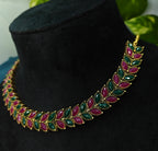 Antique Gold Ruby Emerald Leaf Necklace Set for Women - Matte Finish