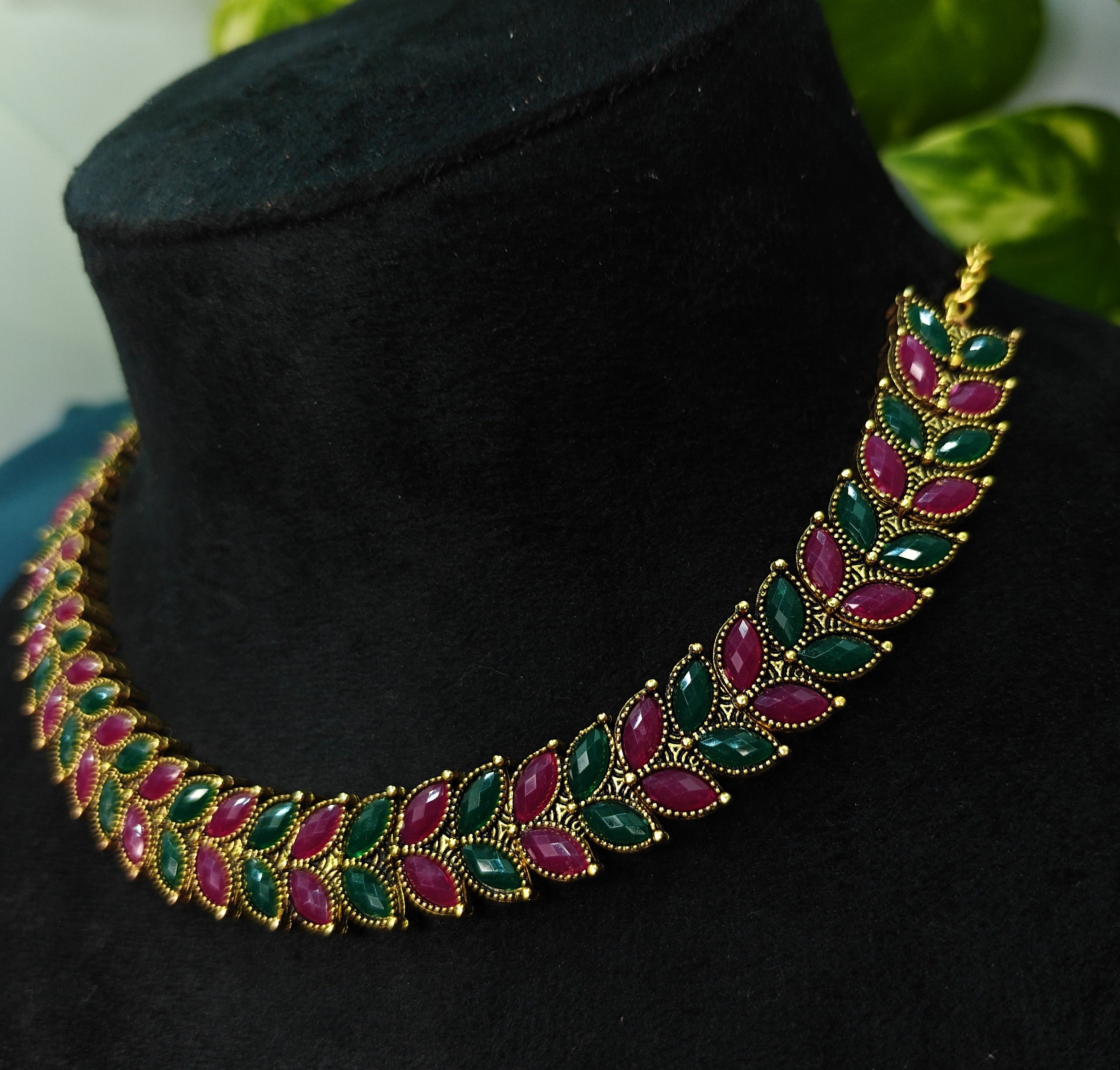 Antique Gold Ruby Emerald Leaf Necklace Set for Women - Matte Finish