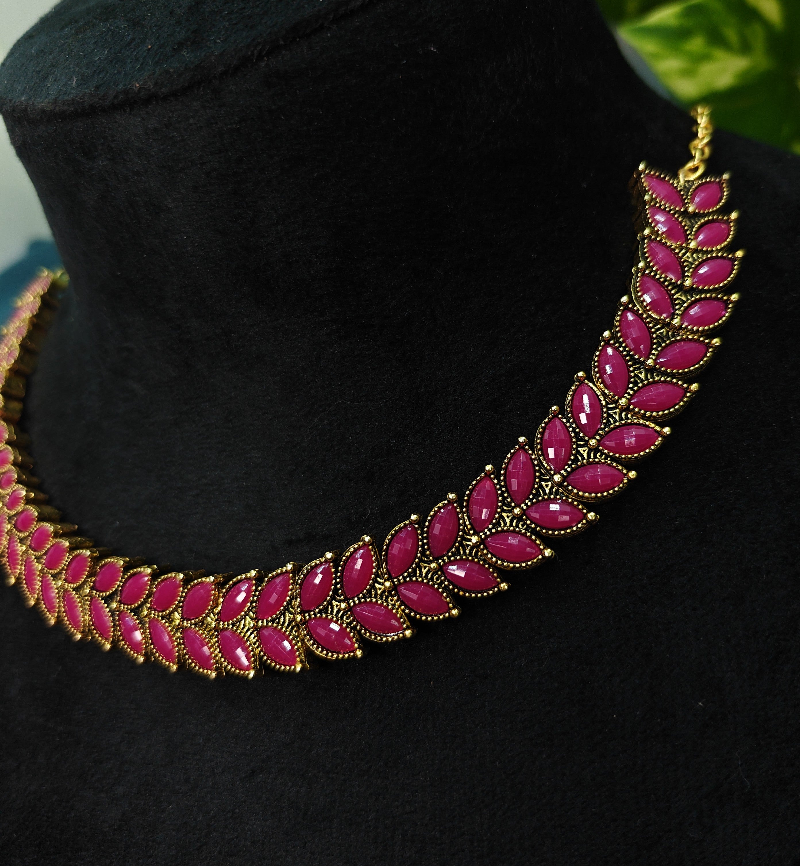 Antique Gold Pink Ruby Leaf Necklace Set for Women - Matte Finish