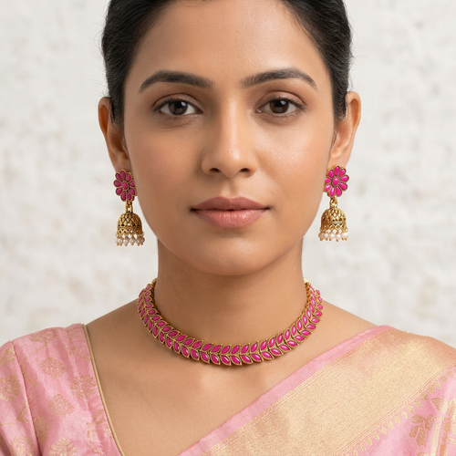 Antique Gold Pink Ruby Leaf Necklace Set for Women - Matte Finish