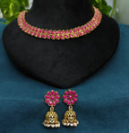 Antique Gold Pink Ruby Leaf Necklace Set for Women - Matte Finish