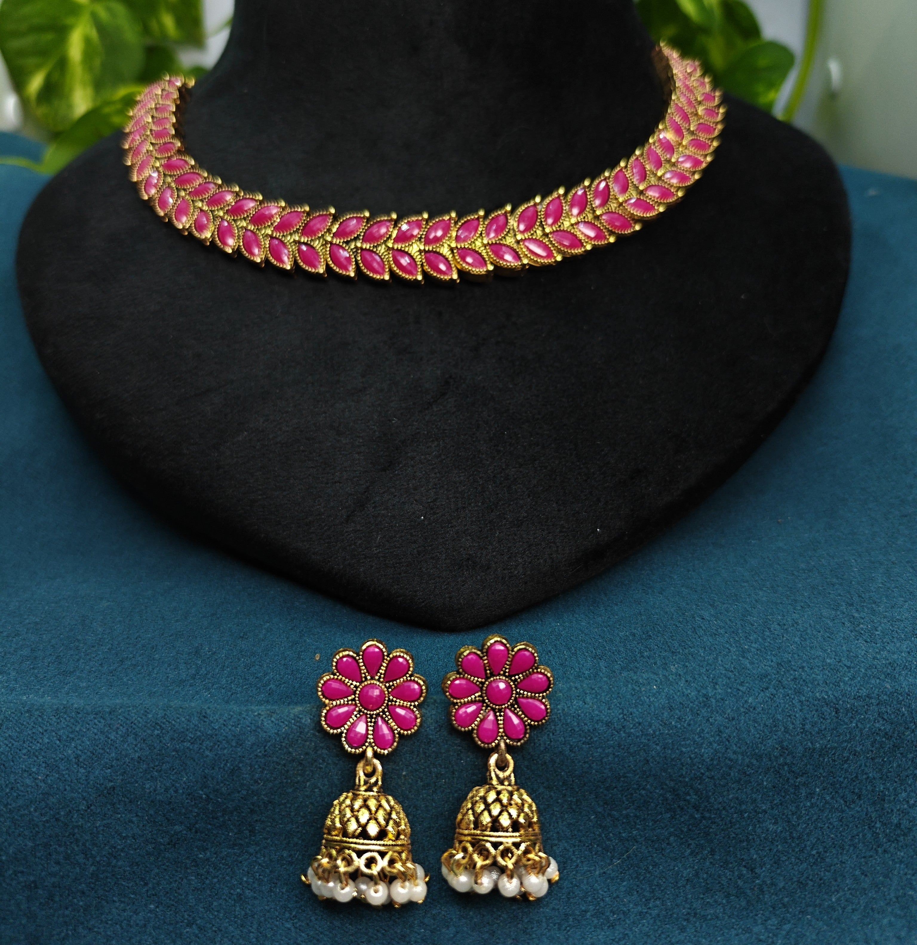 Antique Gold Pink Ruby Leaf Necklace Set for Women - Matte Finish