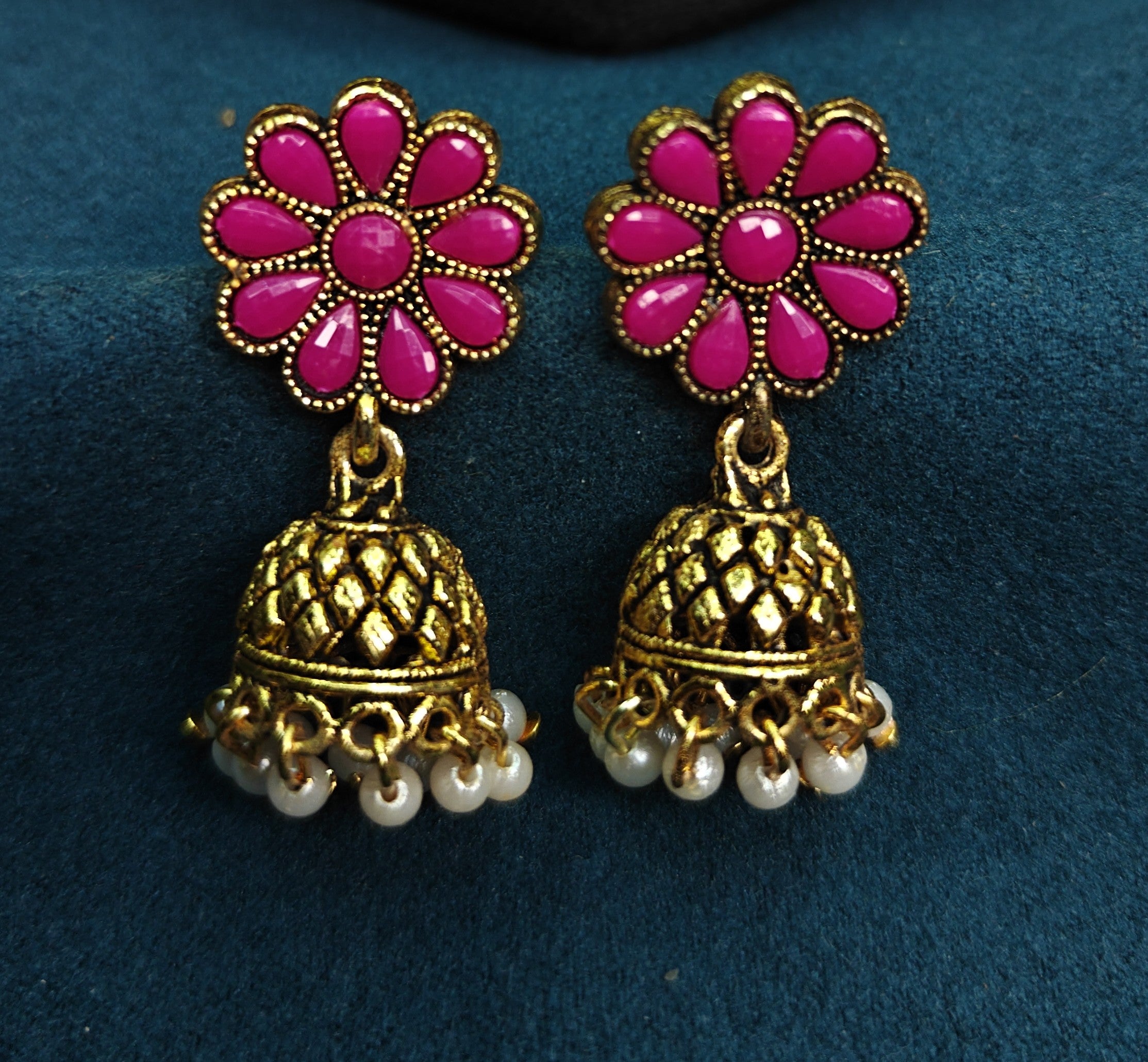 Antique Gold Pink Ruby Leaf Necklace Set for Women - Matte Finish