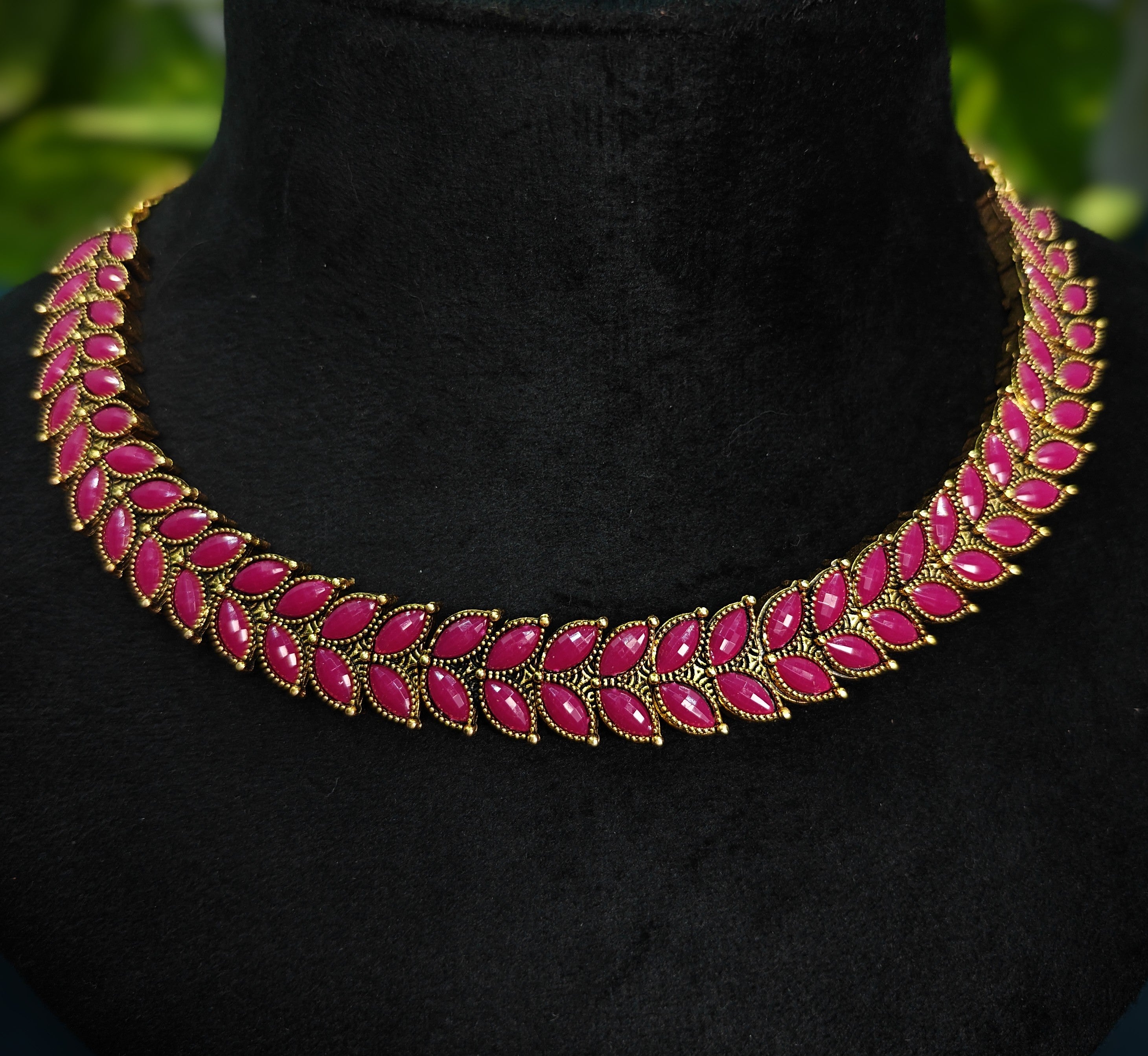 Antique Gold Pink Ruby Leaf Necklace Set for Women - Matte Finish