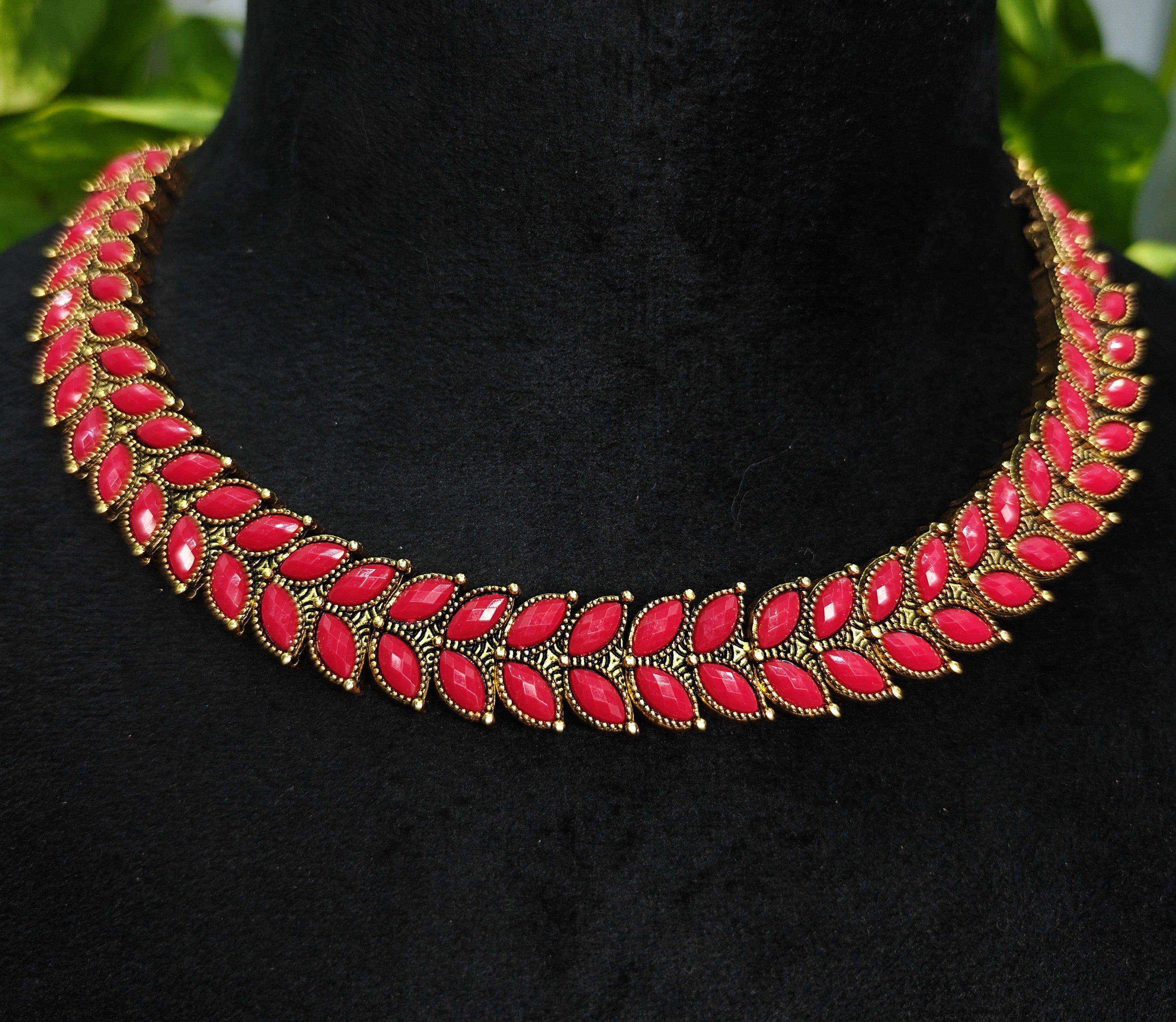 Antique Gold Ruby Red Leaf Necklace Set for Women - Matte Finish
