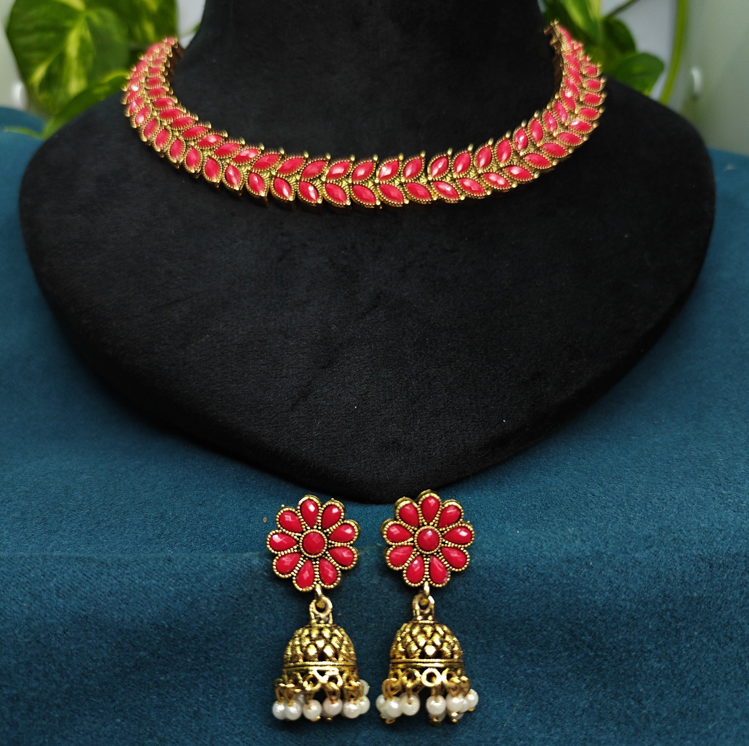 Antique Gold Ruby Red Leaf Necklace Set for Women - Matte Finish