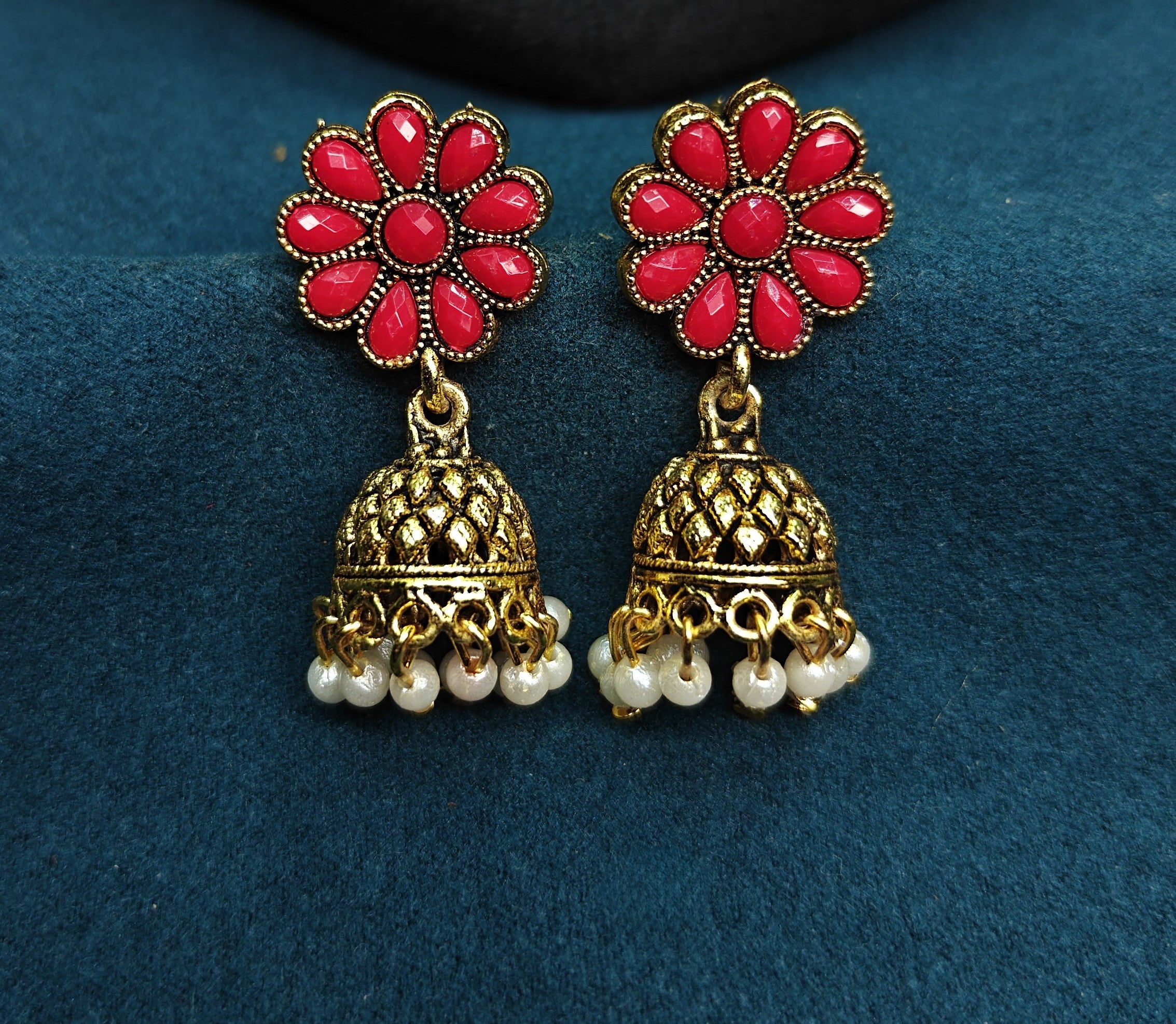 Antique Gold Ruby Red Leaf Necklace Set for Women - Matte Finish