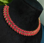 Antique Gold Ruby Red Leaf Necklace Set for Women - Matte Finish