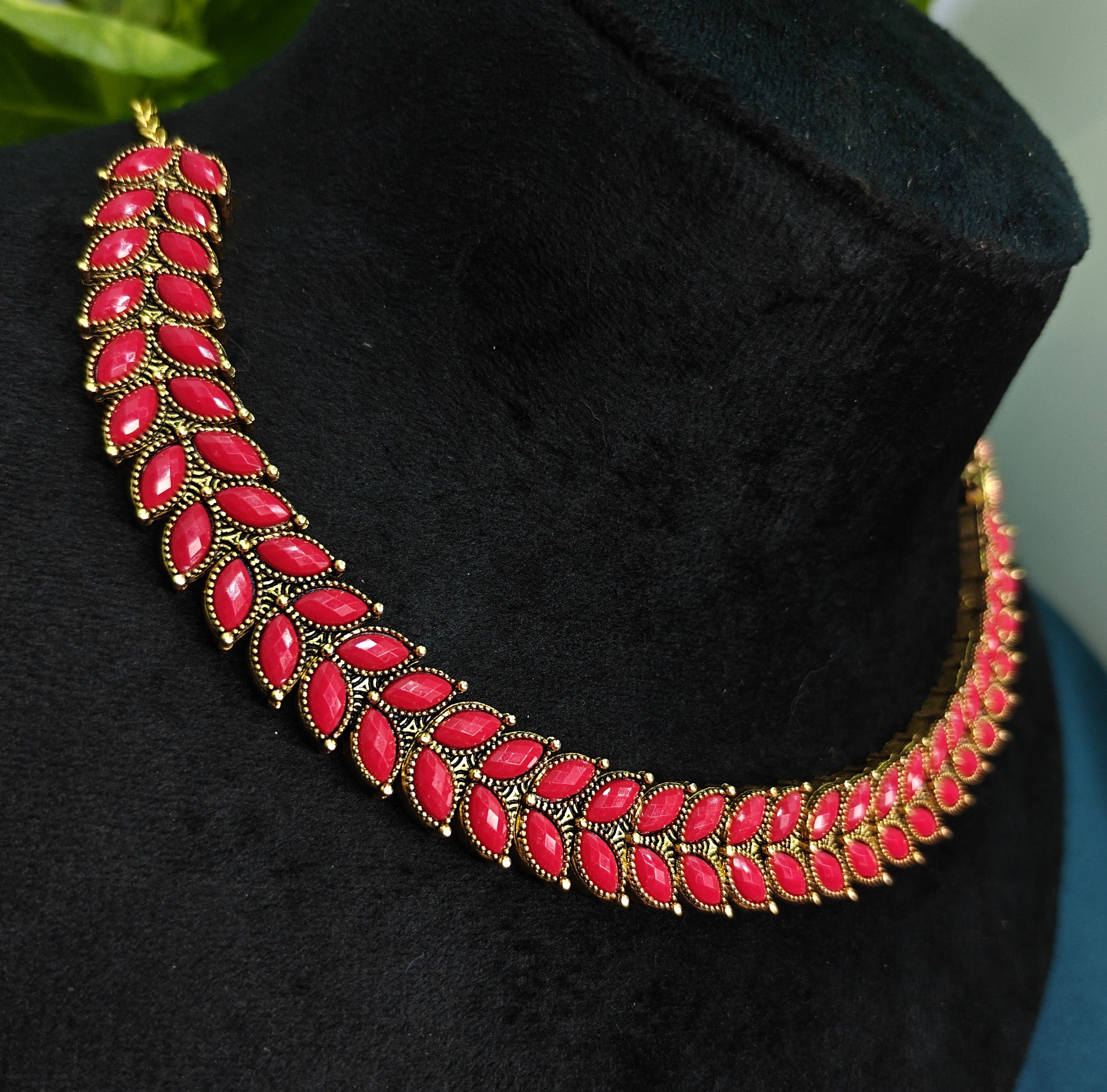 Antique Gold Ruby Red Leaf Necklace Set for Women - Matte Finish