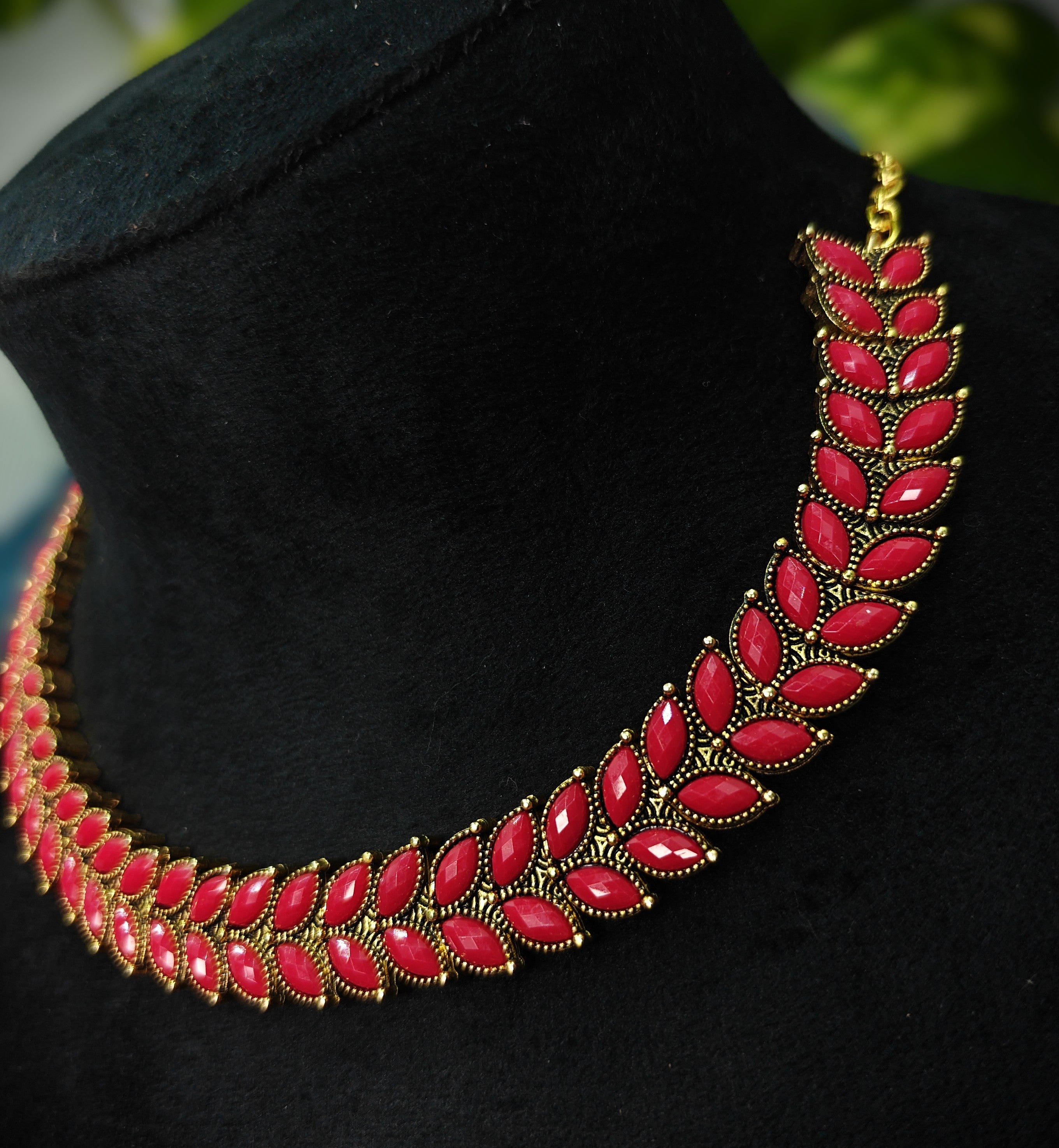 Antique Gold Ruby Red Leaf Necklace Set for Women - Matte Finish