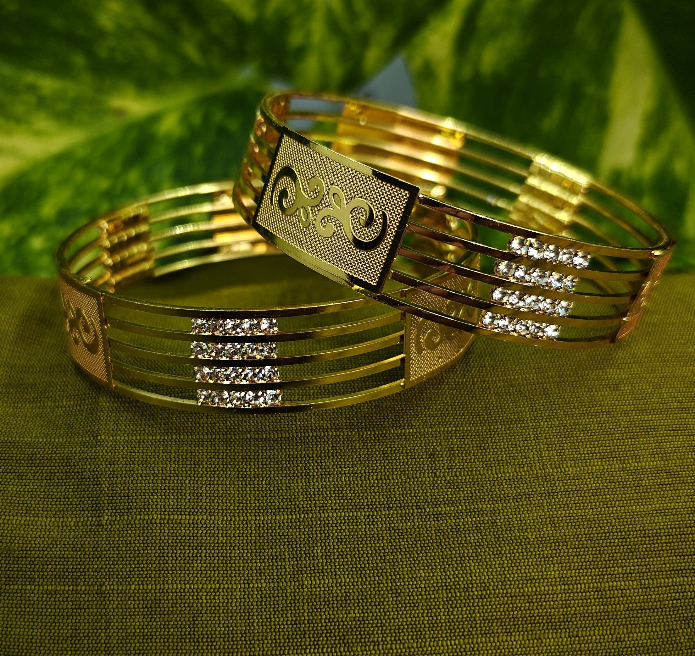 Gold-Tone Laser Cut AD Bangle Set of 2 for Women - Glossy Finish (2.8 Size)