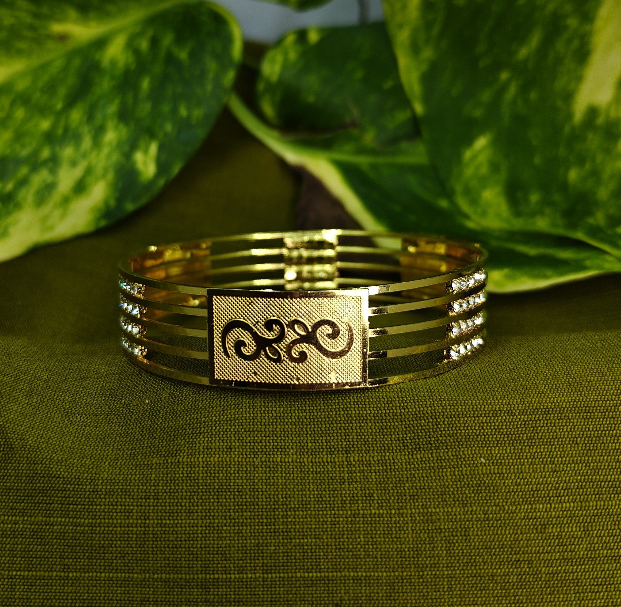 Gold-Tone Laser Cut AD Bangle Set of 2 for Women - Glossy Finish (2.8 Size)
