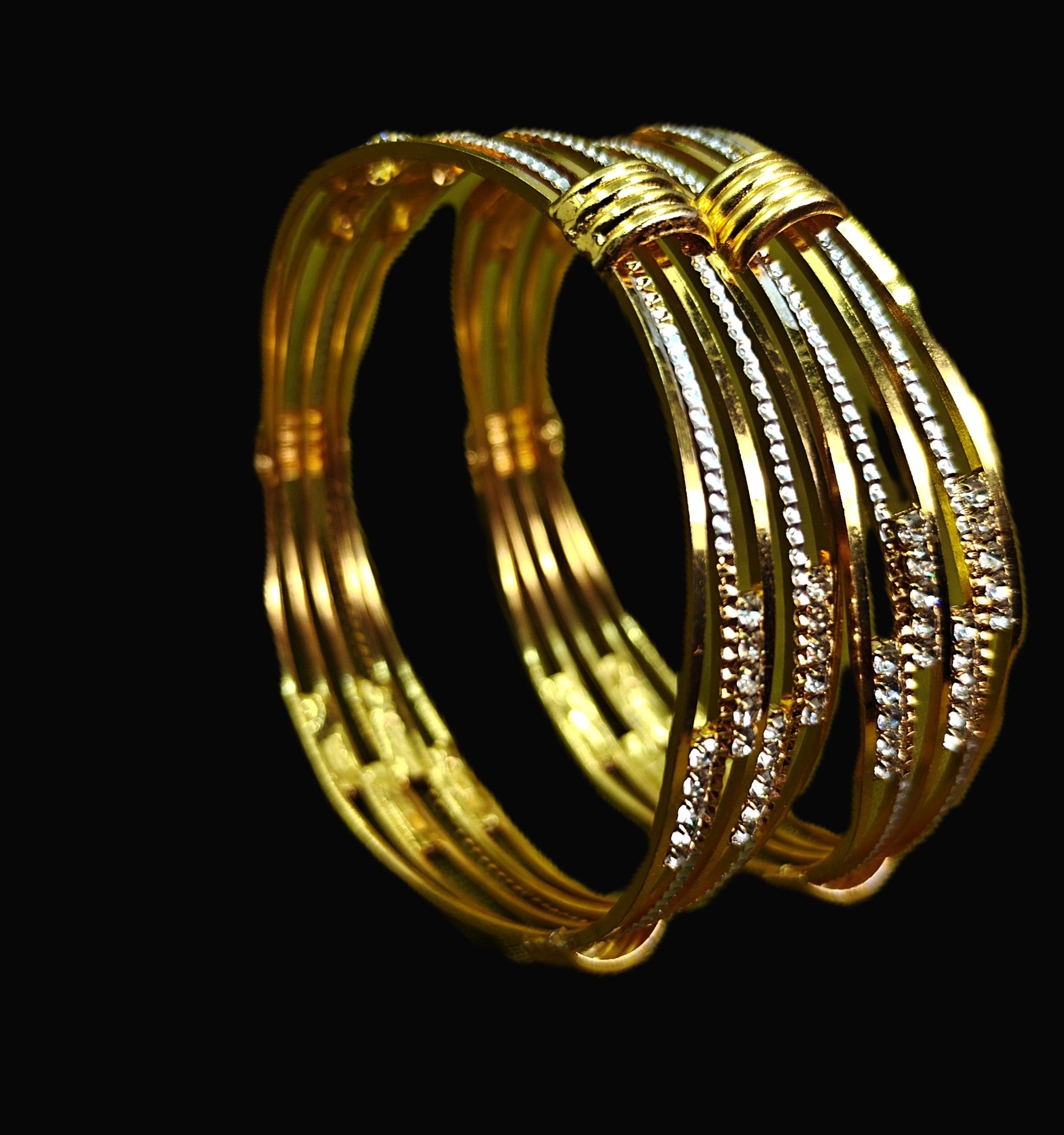 Gold-Tone Italian Twisted AD Bangle Set of 2 for Women - Glossy Finish (2.6 Size)