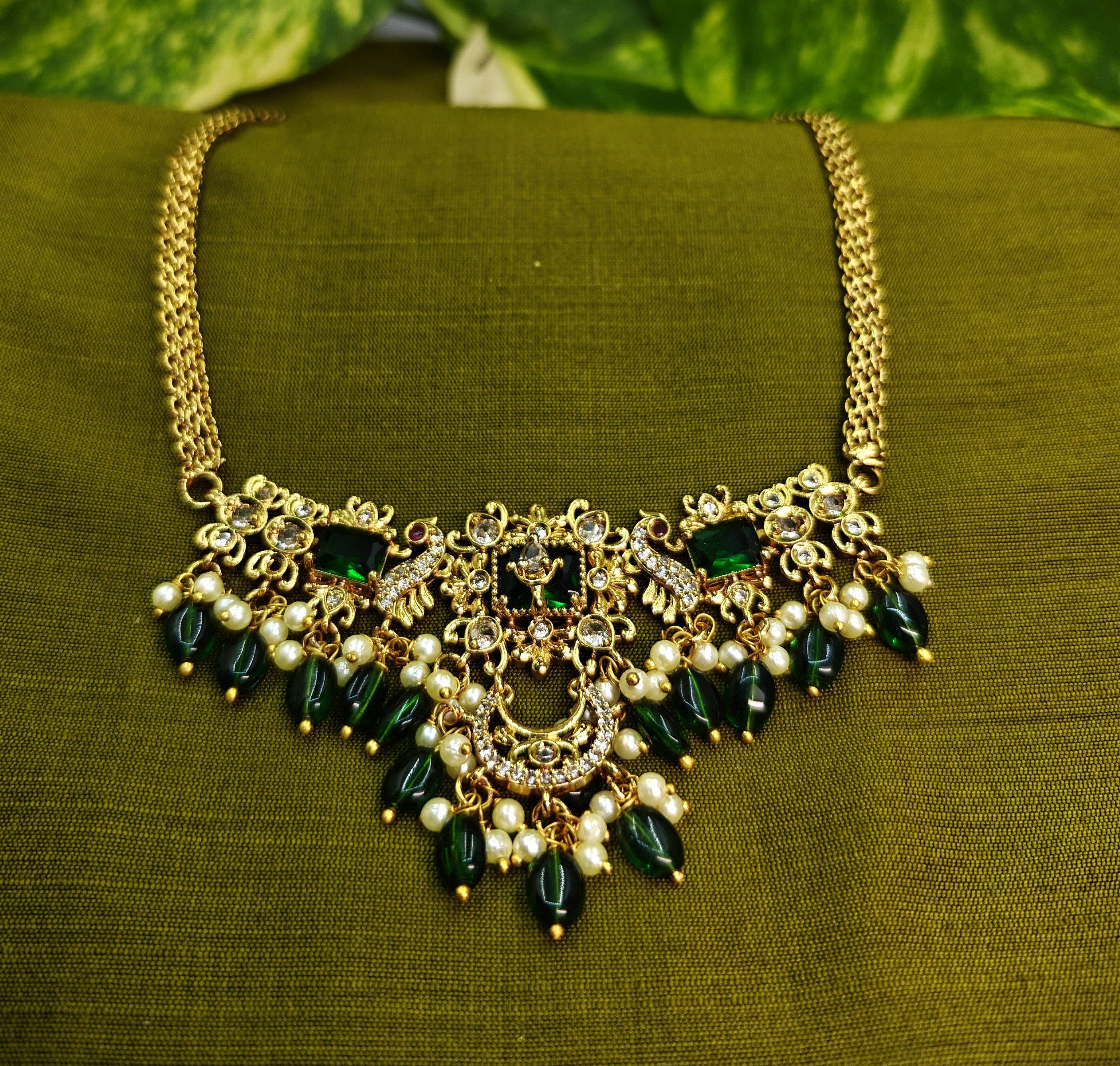 Gold-Tone Peacock Moon Shape AD Choker with Emerald Green Stone for Women - Glossy Finish