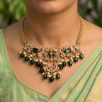 Gold-Tone Peacock Moon Shape AD Choker with Emerald Green Stone for Women - Glossy Finish