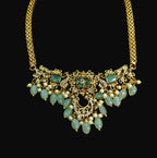 Gold-Tone Peacock Moon Shape AD Choker with Mint Green Stone for Women - Glossy Finish