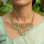 Gold-Tone Peacock Moon Shape AD Choker with Mint Green Stone for Women - Glossy Finish