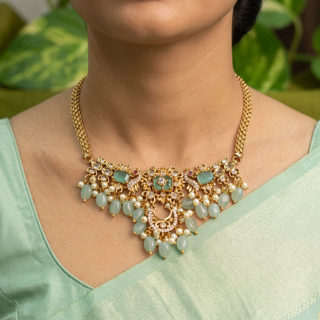 Gold-Tone Peacock Moon Shape AD Choker with Mint Green Stone for Women - Glossy Finish