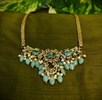 Gold-Tone Peacock Moon Shape AD Choker with Mint Green Stone for Women - Glossy Finish